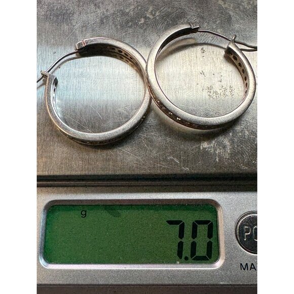 Estate Vintage 925 Sterling Silver CZ Hoop Earrings, 1.13", 7g, Marked - Picture 9 of 9